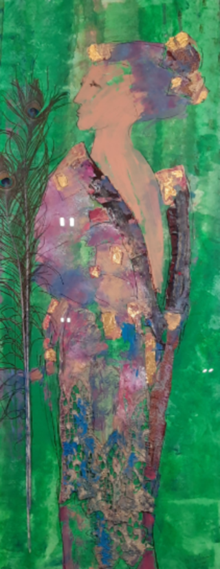 Kunstwerk, gemengde techniek, Maya Wildevuur, Dame met pauwenveer, 199